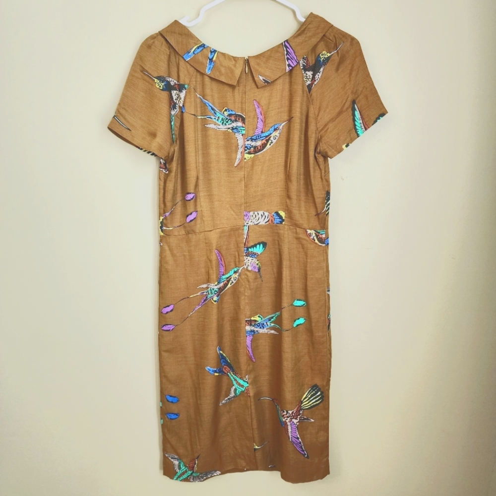 Boden Brown Bird Print Dress Size 4 R (8R UK) Silk Blend Fully Lined